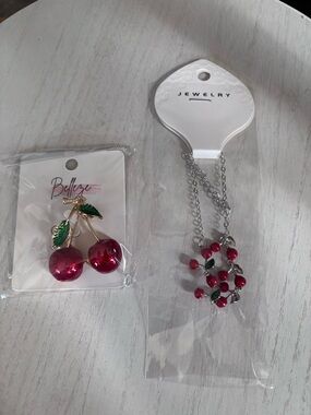 Cherry Jewelry Set – Sparkly Brooch Pin & Matching Charm Bracelet